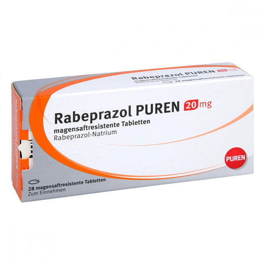 Das Produktfoto zeigt Rabeprazol Puren 20 Mg Magensaftres.Tabletten (28 stk) PZN 11357857