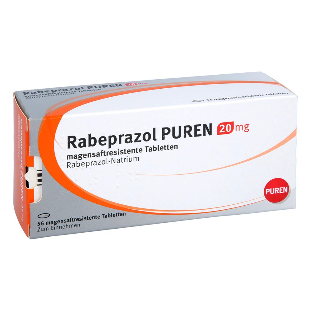 Das Produktfoto zeigt Rabeprazol Puren 20 Mg Magensaftres.Tabletten (56 stk) PZN 11357863
