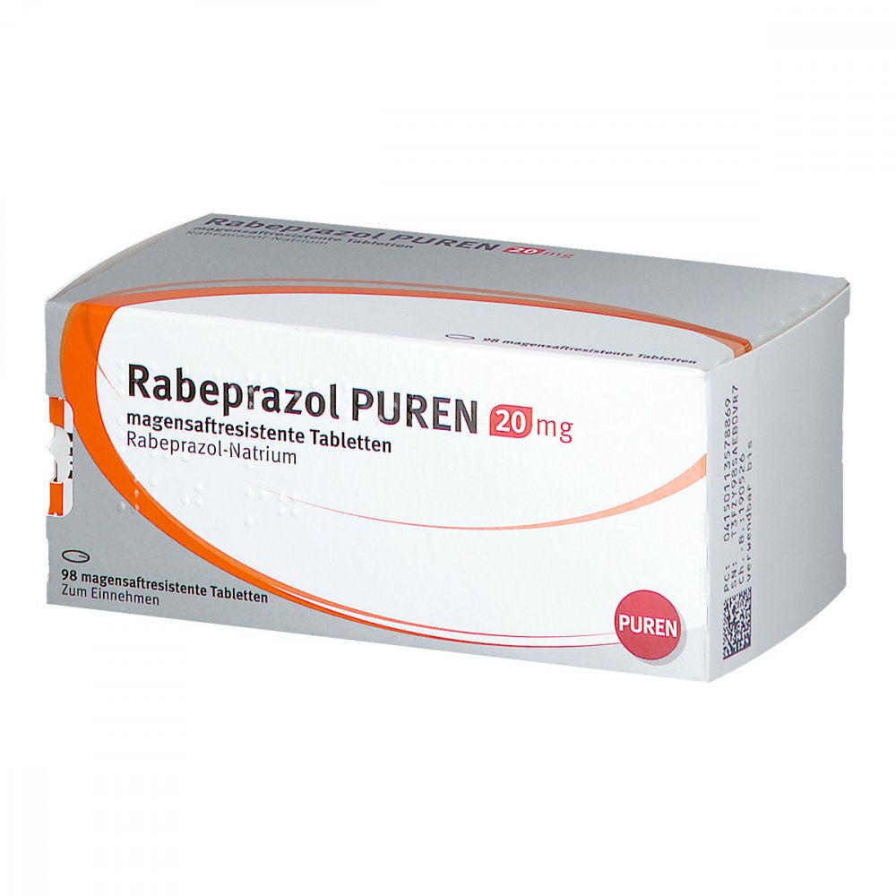 Das Produktfoto zeigt Rabeprazol Puren 20 Mg Magensaftres.Tabletten (98 stk) PZN 11357886