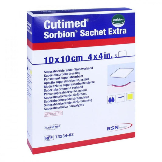 Das Produktfoto zeigt Cutimed Sorbion Sachet Extra Wundaufl.10x10 Cm (5 stk) PZN 11361729
