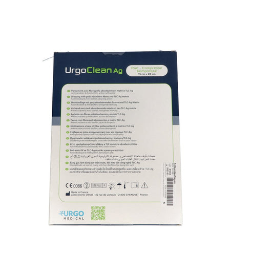 Das Produktfoto zeigt Urgoclean Ag Kompressen 15x20 Cm Steril (5 stk) PZN 11370059