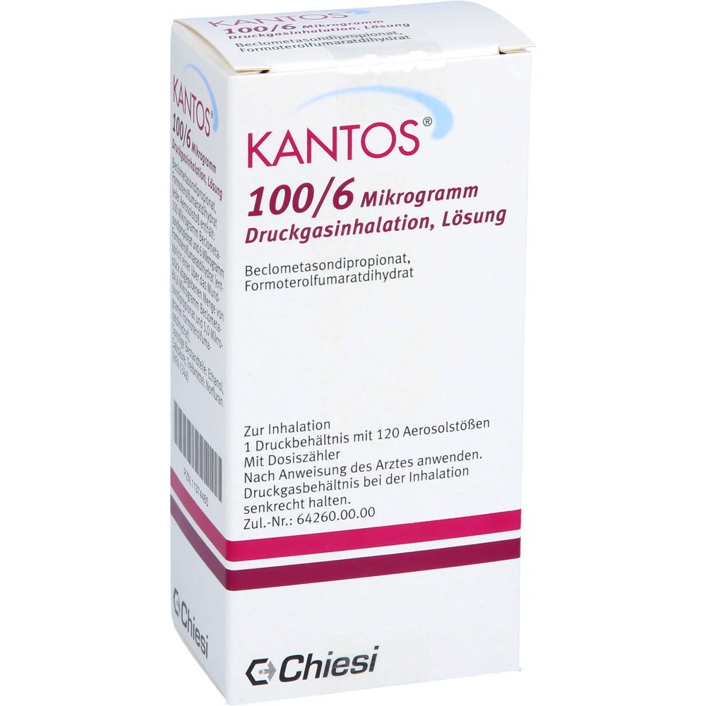 Das Produktfoto zeigt Kantos 100 Μg/6 Μg 120 Hub Druckgasinhalation (1 stk) PZN 11374465