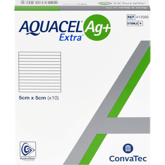 Das Produktfoto zeigt Aquacel Ag+ Extra 5x5 Cm Kompressen (10 stk) PZN 11374519