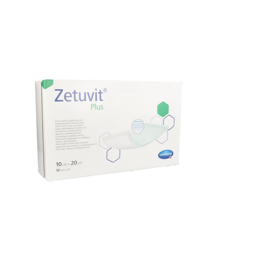 Das Produktfoto zeigt Zetuvit Plus Extrastarke Saugkompr.Steril 10x20 Cm (10 stk) PZN 11374608