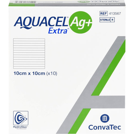 Das Produktfoto zeigt Aquacel Ag+ Extra 10x10 Cm Kompressen (10 stk) PZN 11376027