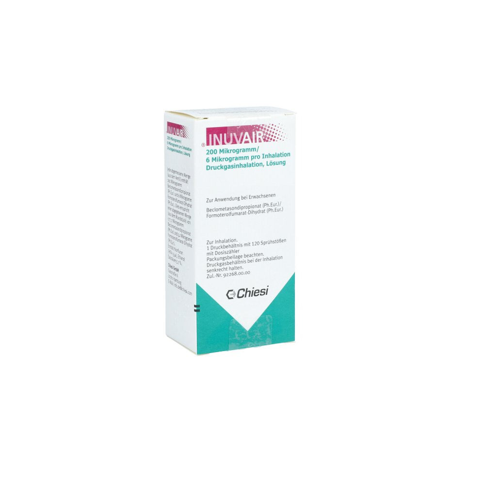Das Produktfoto zeigt Inuvair 200/6 Μg 120 Hub Druckgasinhalat (1 stk) PZN 11377297