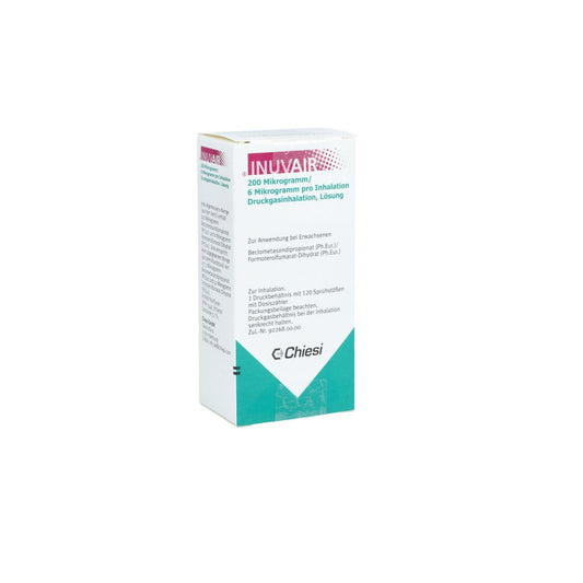 Das Produktfoto zeigt Inuvair 200/6 Μg 120 Hub Druckgasinhalat (1 stk) PZN 11377297