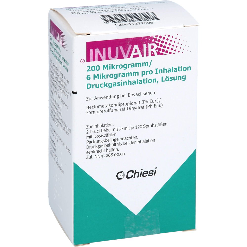 Das Produktfoto zeigt Inuvair 200/6 Μg 120 Hub Druckgasinhalat (2 stk) PZN 11377305