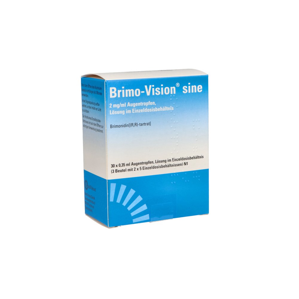Das Produktfoto zeigt Brimo-Vision Sine 2 Mg/Ml At Lsg.Einzeldosisbeh. (30X0.35 ml) PZN 11377423