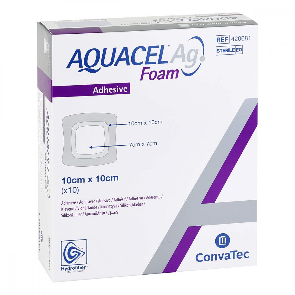 Das Produktfoto zeigt Aquacel Ag Foam Adhäsiv 10x10 Cm Verband (10 stk) PZN 11381123