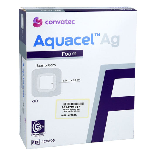 Das Produktfoto zeigt Aquacel Ag Foam Adhäsiv 8x8 Cm Verband (10 stk) PZN 11381175