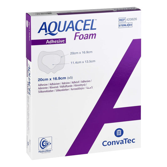 Das Produktfoto zeigt Aquacel Foam Adhäsiv Sakral 16,9x20 Cm Verband (5 stk) PZN 11381212