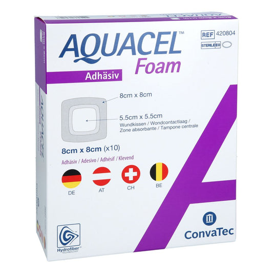 Das Produktfoto zeigt Aquacel Foam Adhäsiv 8x8 Cm Verband (10 stk) PZN 11381229