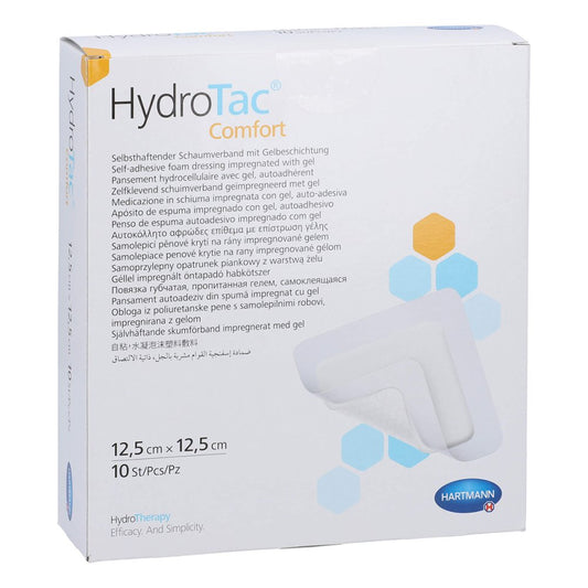 Das Produktfoto zeigt Hydrotac Comfort Schaumverband 12,5x12,5 Cm Steril (10 stk) PZN 11382619