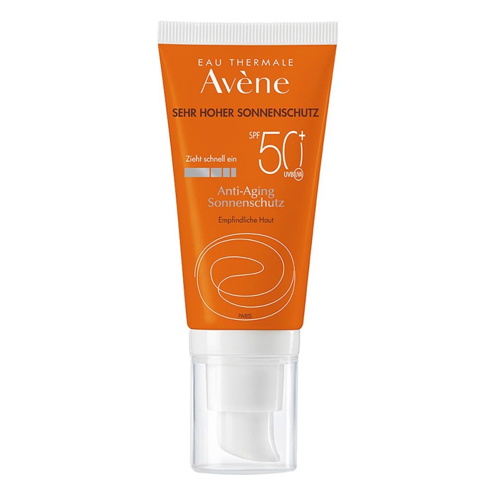Das Produktfoto zeigt Avene Sunsitive Anti-Aging Sonnenemulsion Spf 50+ (50 ml) PZN 11479678