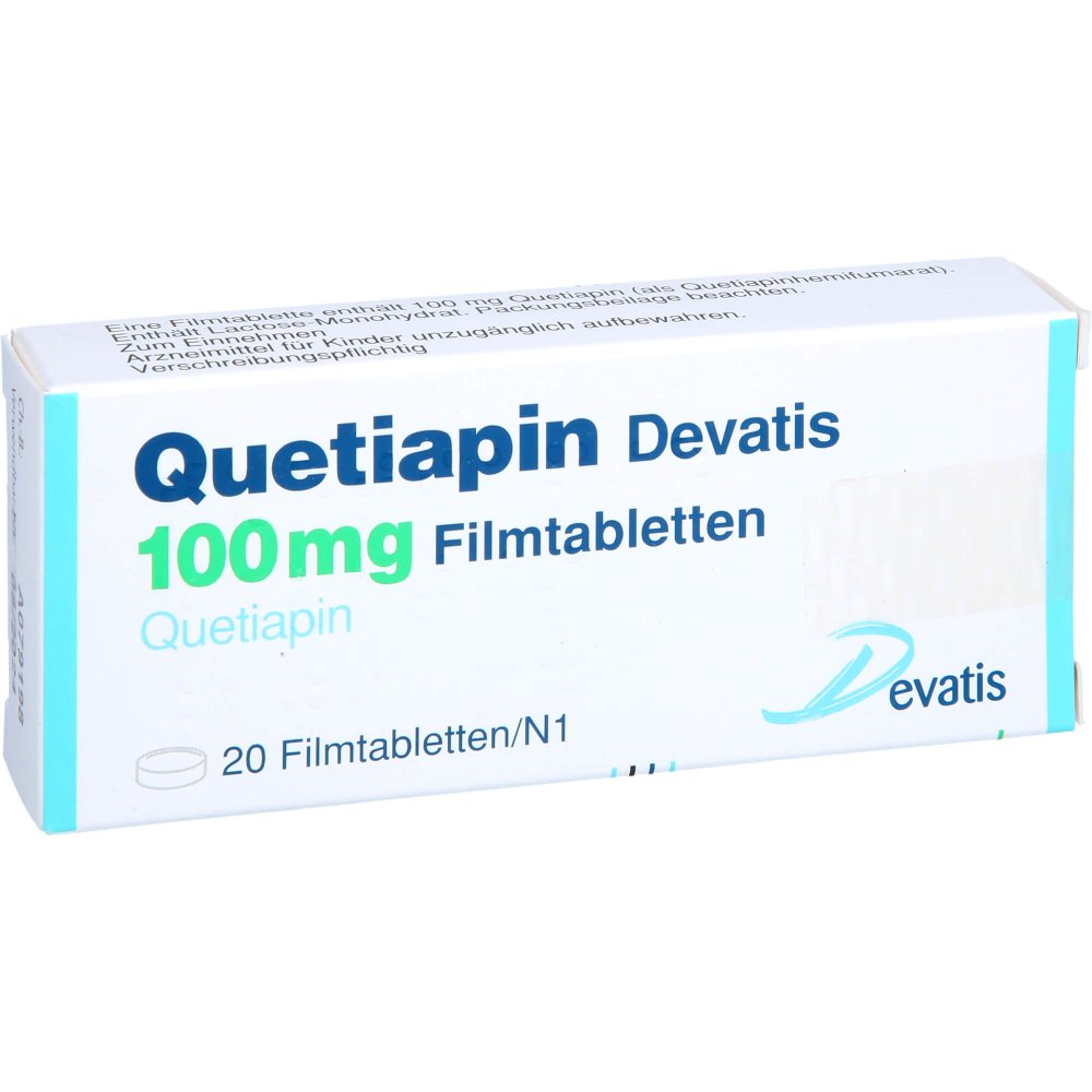 Das Produktfoto zeigt Quetiapin Devatis 100 Mg Filmtabletten (20 stk) PZN 11484024