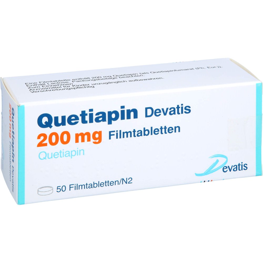 Das Produktfoto zeigt Quetiapin Devatis 200 Mg Filmtabletten (50 stk) PZN 11484076