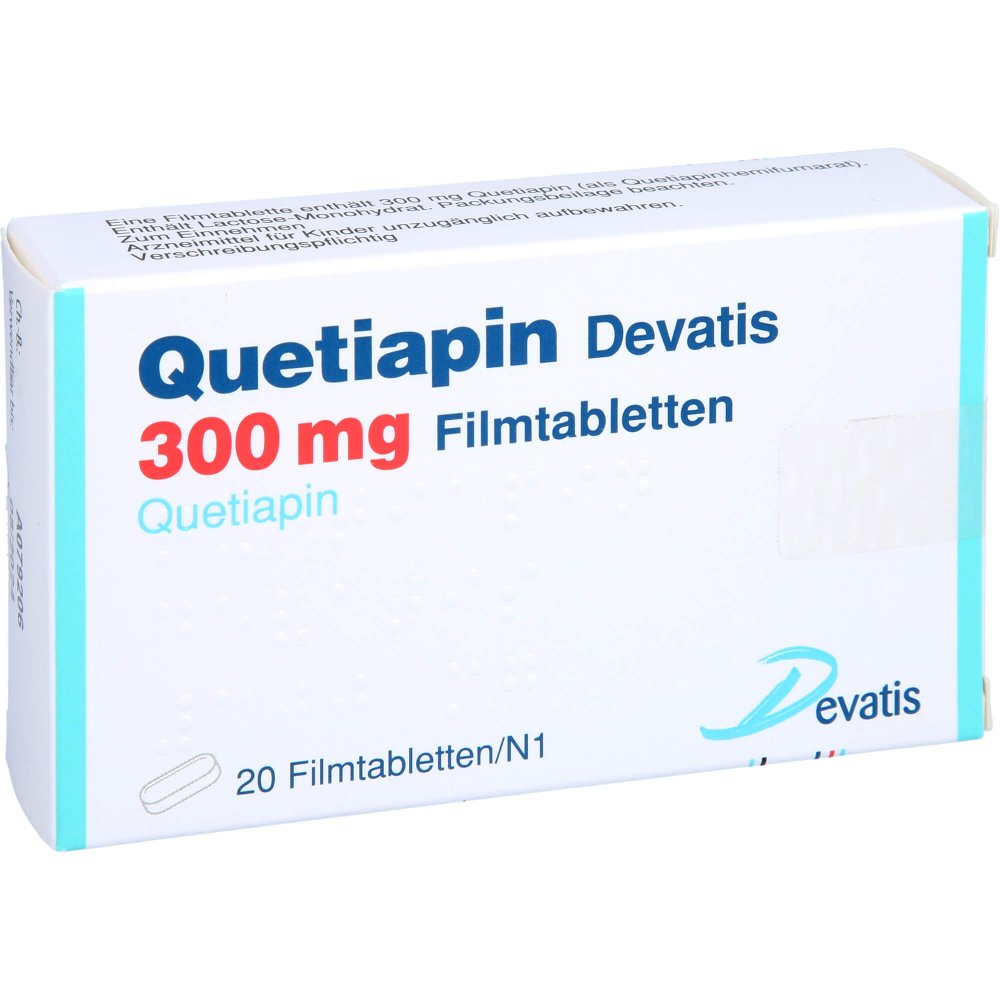 Das Produktfoto zeigt Quetiapin Devatis 300 Mg Filmtabletten (20 stk) PZN 11484099