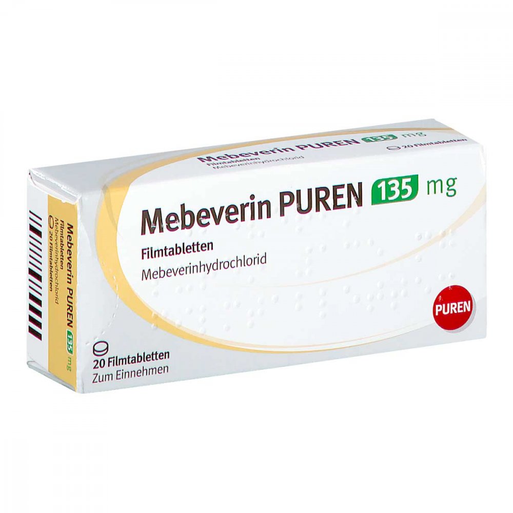 Das Produktfoto zeigt Mebeverin Puren 135 Mg Filmtabletten (20 stk) PZN 11509735