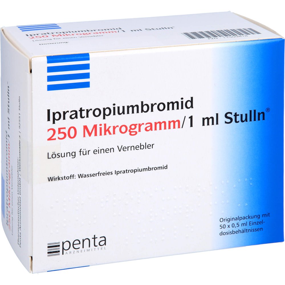 Das Produktfoto zeigt Ipratropiumbromid 250 Μg/1 Ml Stulln Lsg.F.Verneb. (50X0.5 ml) PZN 11509818
