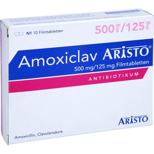 Das Produktfoto zeigt Amoxiclav Aristo 500 Mg/125 Mg Filmtabletten (10 stk) PZN 11510572
