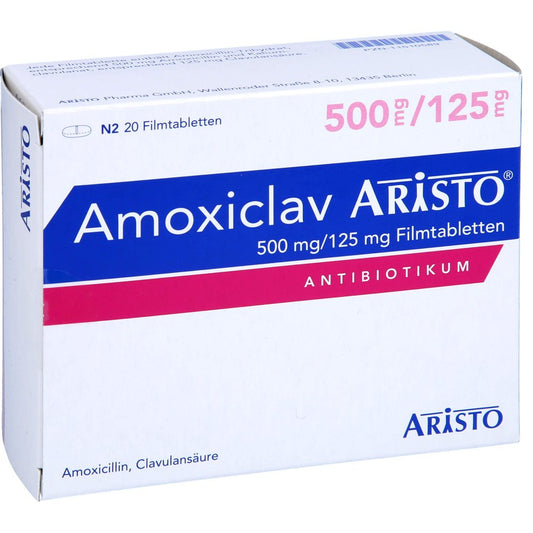 Das Produktfoto zeigt Amoxiclav Aristo 500 Mg/125 Mg Filmtabletten (20 stk) PZN 11510589