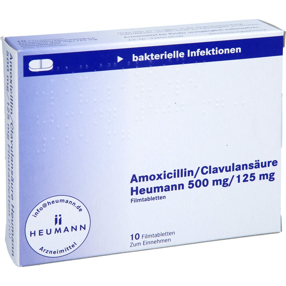Das Produktfoto zeigt Amoxicillin/Clavulansäure Heumann 500 Mg/125 Mg (10 stk) PZN 11514647