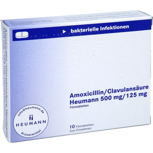Das Produktfoto zeigt Amoxicillin/Clavulansäure Heumann 500 Mg/125 Mg (10 stk) PZN 11514647