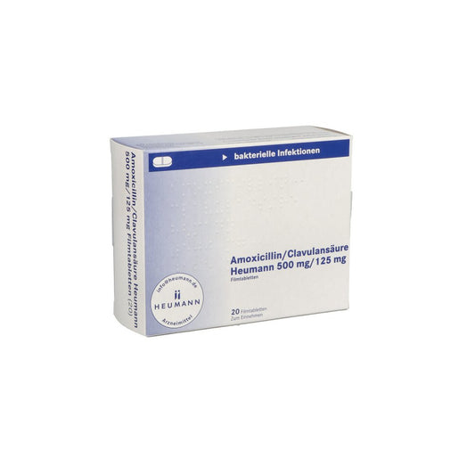 Das Produktfoto zeigt Amoxicillin/Clavulansäure Heumann 500 Mg/125 Mg (20 stk) PZN 11514653