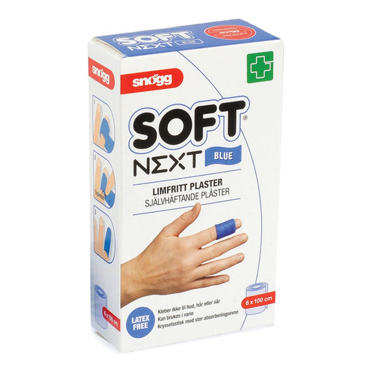 Das Produktfoto zeigt Snoegg Soft Next Pflaster 6 Cmx1 M Blau (1 stk) PZN 11520493