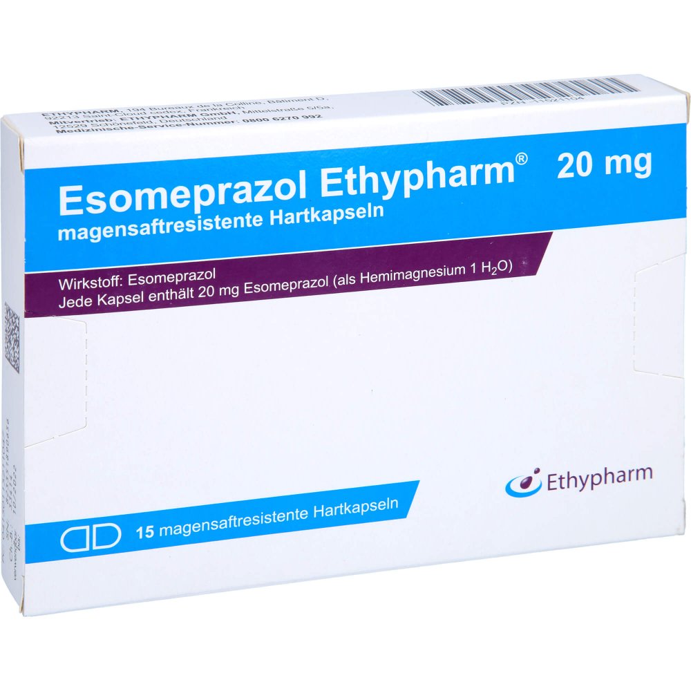 Das Produktfoto zeigt Esomeprazol Ethypharm 20 Mg Magensaftres.Hartkaps. (15 stk) PZN 11521104