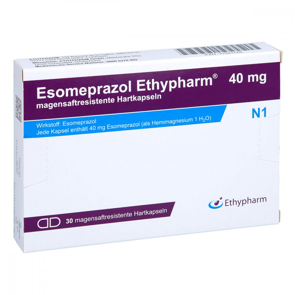 Das Produktfoto zeigt Esomeprazol Ethypharm 40 Mg Magensaftres.Hartkaps. (30 stk) PZN 11521179