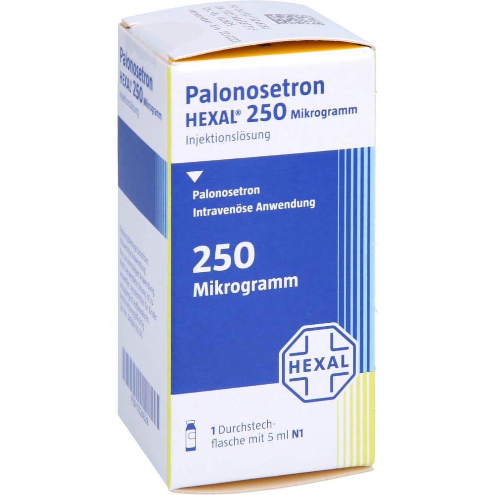 Das Produktfoto zeigt Palonosetron Hexal 250 Mikrogramm Injektionslsg. (5 ml) PZN 11524628