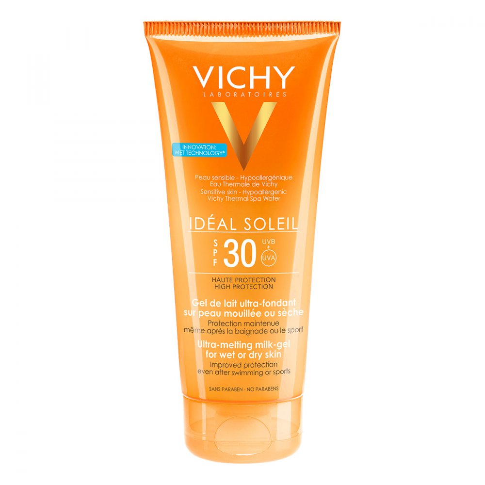 Das Produktfoto zeigt Vichy Ideal Soleil Wet Gel-Milch Lsf 30 (200 ml) PZN 11527288