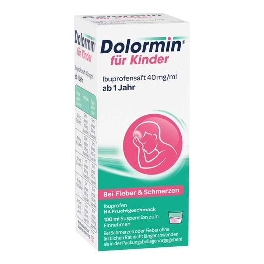 Das Produktfoto zeigt Dolormin Für Kinder Ibuprofensaft 40 Mg/Ml Susp. (100 ml) PZN 11528543