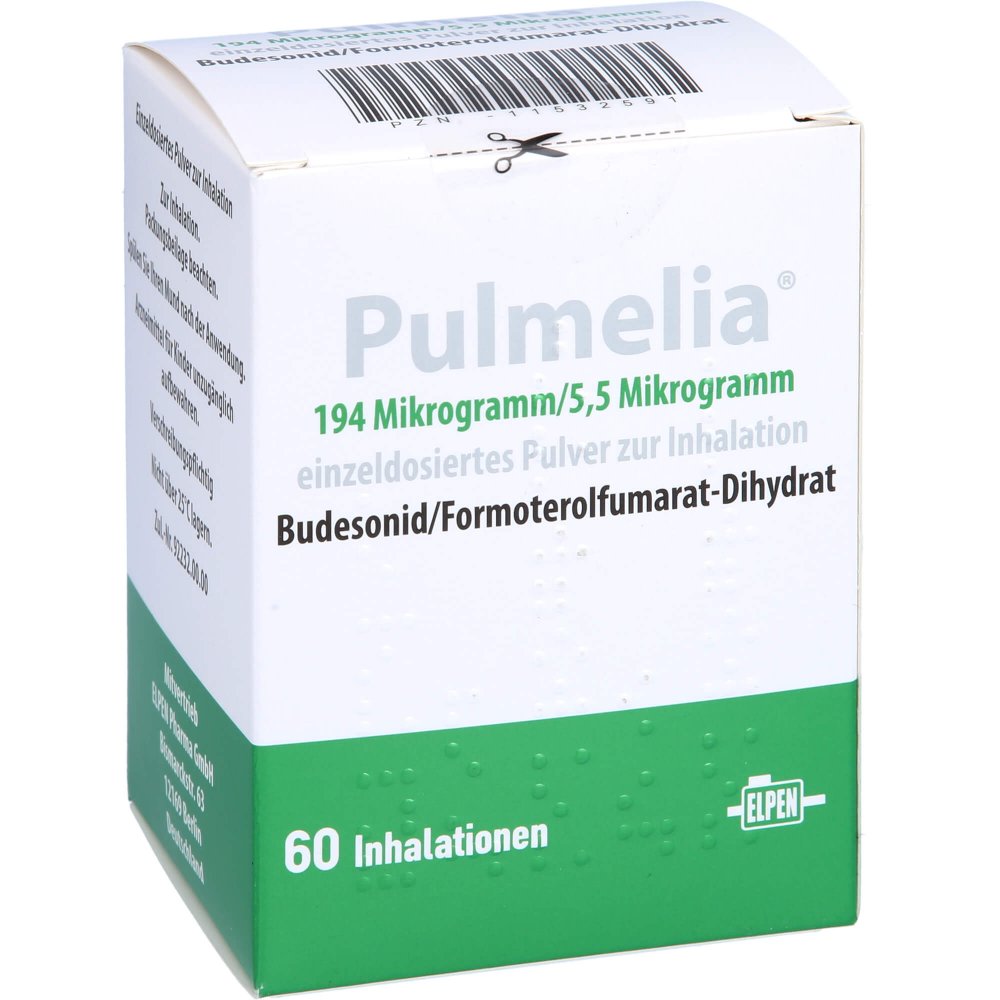 Das Produktfoto zeigt Pulmelia 194 Μg/5,5 Μg/Dosis 60 Ed Inhalationsplv. (1 stk) PZN 11532591