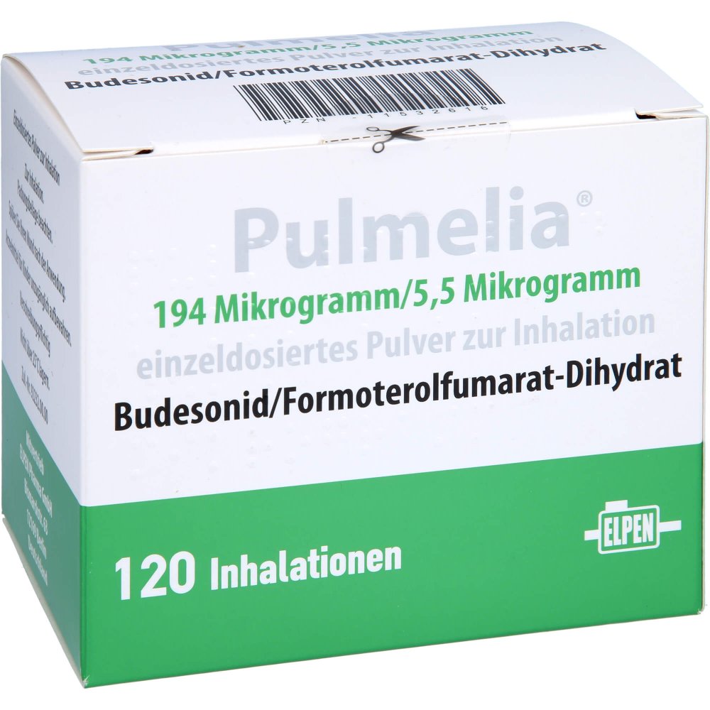 Das Produktfoto zeigt Pulmelia 194 Μg/5,5 Μg/Dosis 60 Ed Inhalationsplv. (2 stk) PZN 11532616