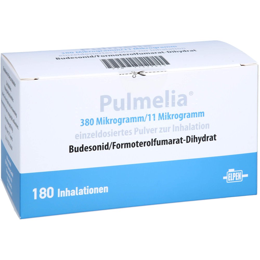 Das Produktfoto zeigt Pulmelia 380 Μg/11 Μg/Dosis 60 Ed Inhalationspulv. (3 stk) PZN 11532639