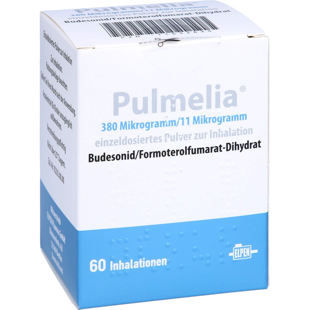Das Produktfoto zeigt Pulmelia 380 Μg/11 Μg/Dosis 60 Ed Inhalationspulv. (1 stk) PZN 11532645