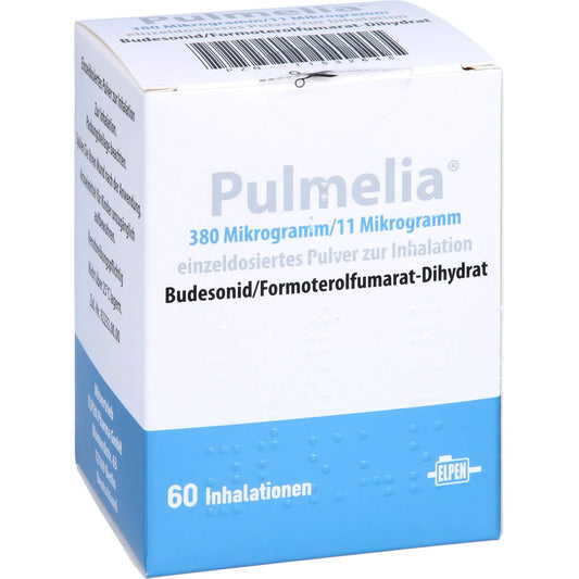 Das Produktfoto zeigt Pulmelia 380 Μg/11 Μg/Dosis 60 Ed Inhalationspulv. (1 stk) PZN 11532645