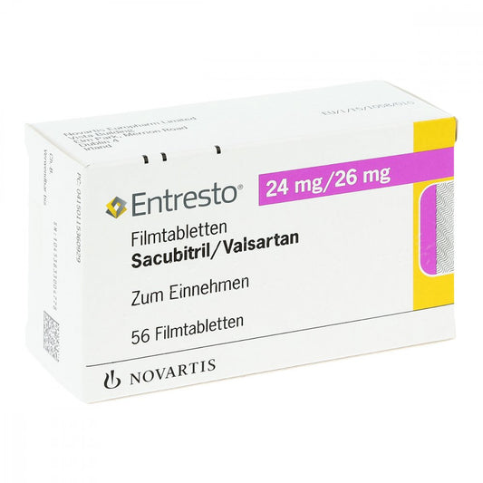 Das Produktfoto zeigt Entresto 24 Mg/26 Mg Filmtabletten (56 stk) PZN 11536092