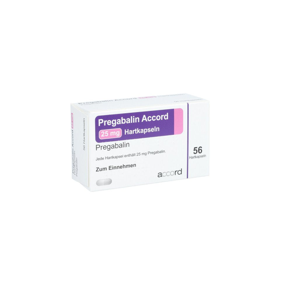 Das Produktfoto zeigt Pregabalin Accord 25 Mg Hartkapseln (56 stk) PZN 11539498