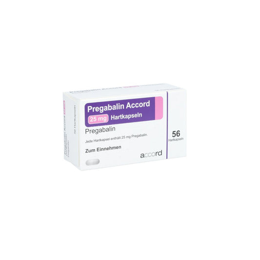 Das Produktfoto zeigt Pregabalin Accord 25 Mg Hartkapseln (56 stk) PZN 11539498
