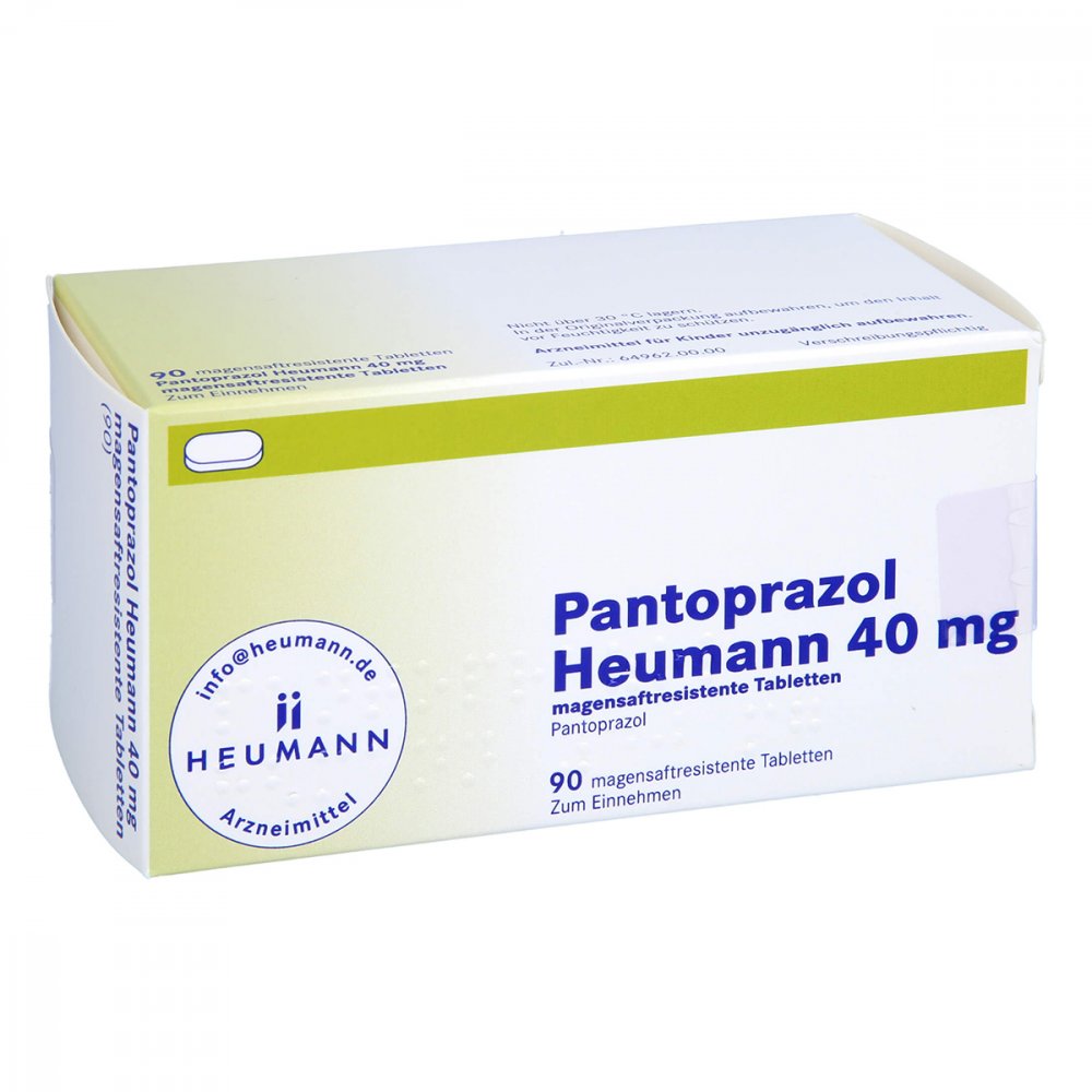 Das Produktfoto zeigt Pantoprazol Heumann 40 Mg Magensaftres.Tabletten (90 stk) PZN 11544134