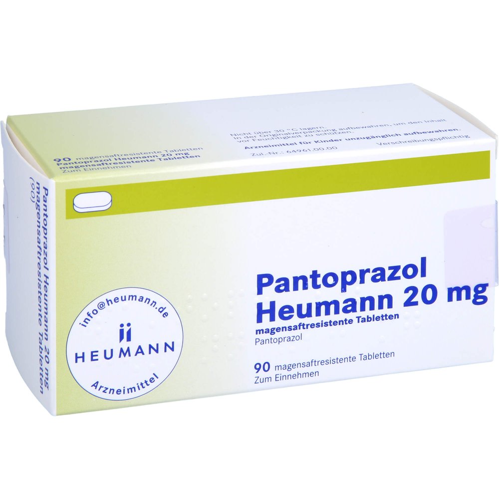 Das Produktfoto zeigt Pantoprazol Heumann 20 Mg Magensaftres.Tabletten (90 stk) PZN 11544140