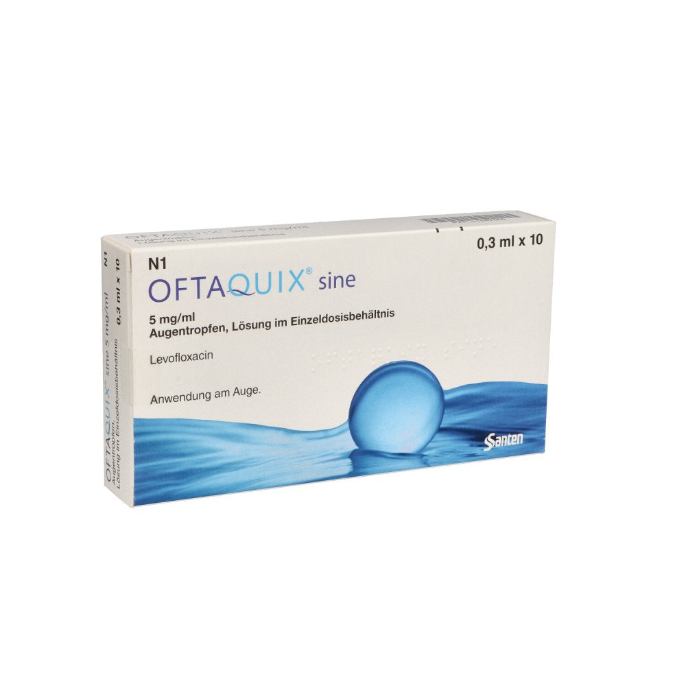 Das Produktfoto zeigt Oftaquix Sine 5 Mg/Ml Augentropfen I.Einzeldosisb. (10X0.3 ml) PZN 11547569
