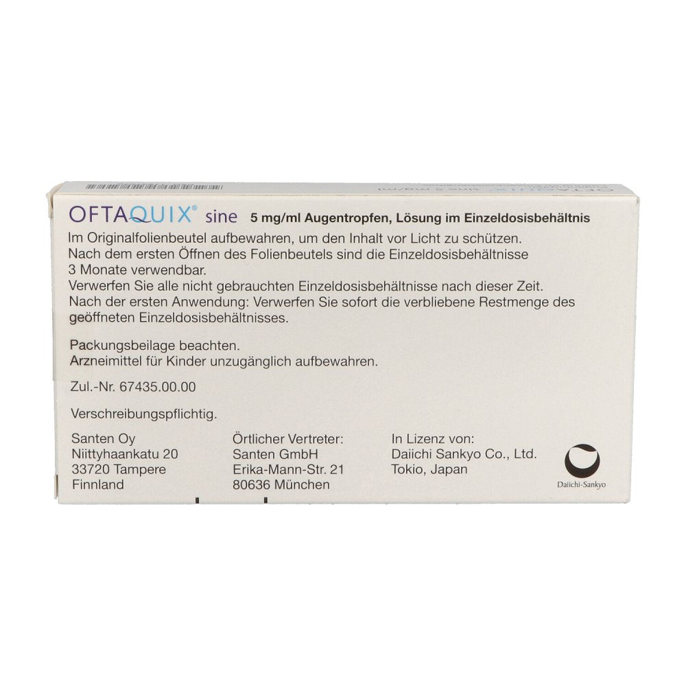 Das Produktfoto zeigt Oftaquix Sine 5 Mg/Ml Augentropfen I.Einzeldosisb. (30X0.3 ml) PZN 11547575