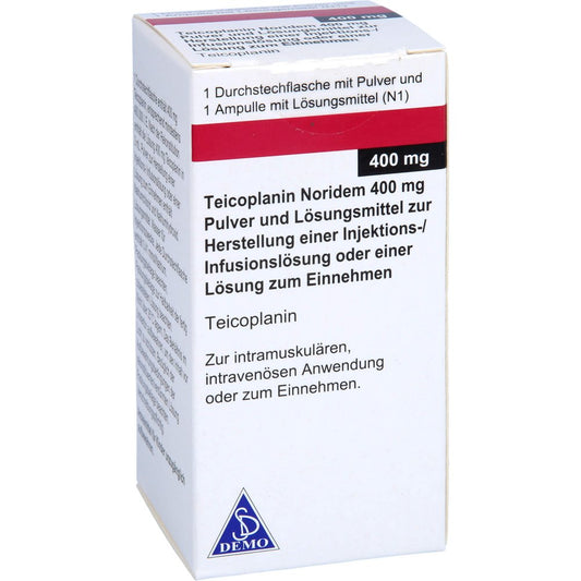 Das Produktfoto zeigt Teicoplanin Noridem 400mg P.+Lm H.Inj./Inf.L.O.Lse (1X400 mg) PZN 11558797