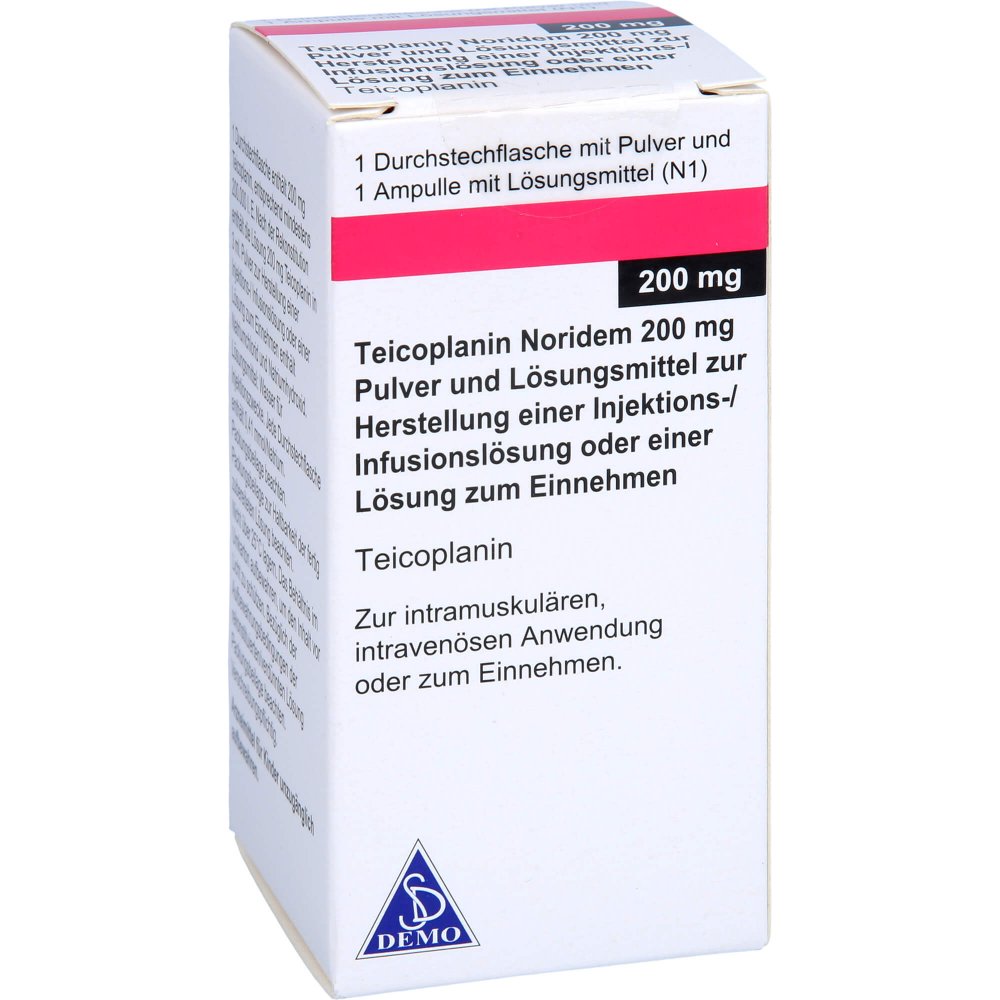 Das Produktfoto zeigt Teicoplanin Noridem 200mg P.+Lm H.Inj./Inf.L.O.Lse (1X200 mg) PZN 11558805