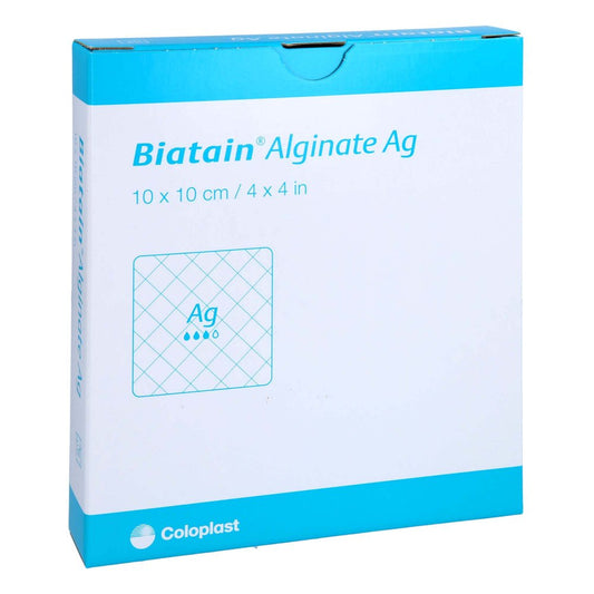 Das Produktfoto zeigt Biatain Alginate Ag Kompressen 10x10 Cm Mit Silber (10 stk) PZN 11560311